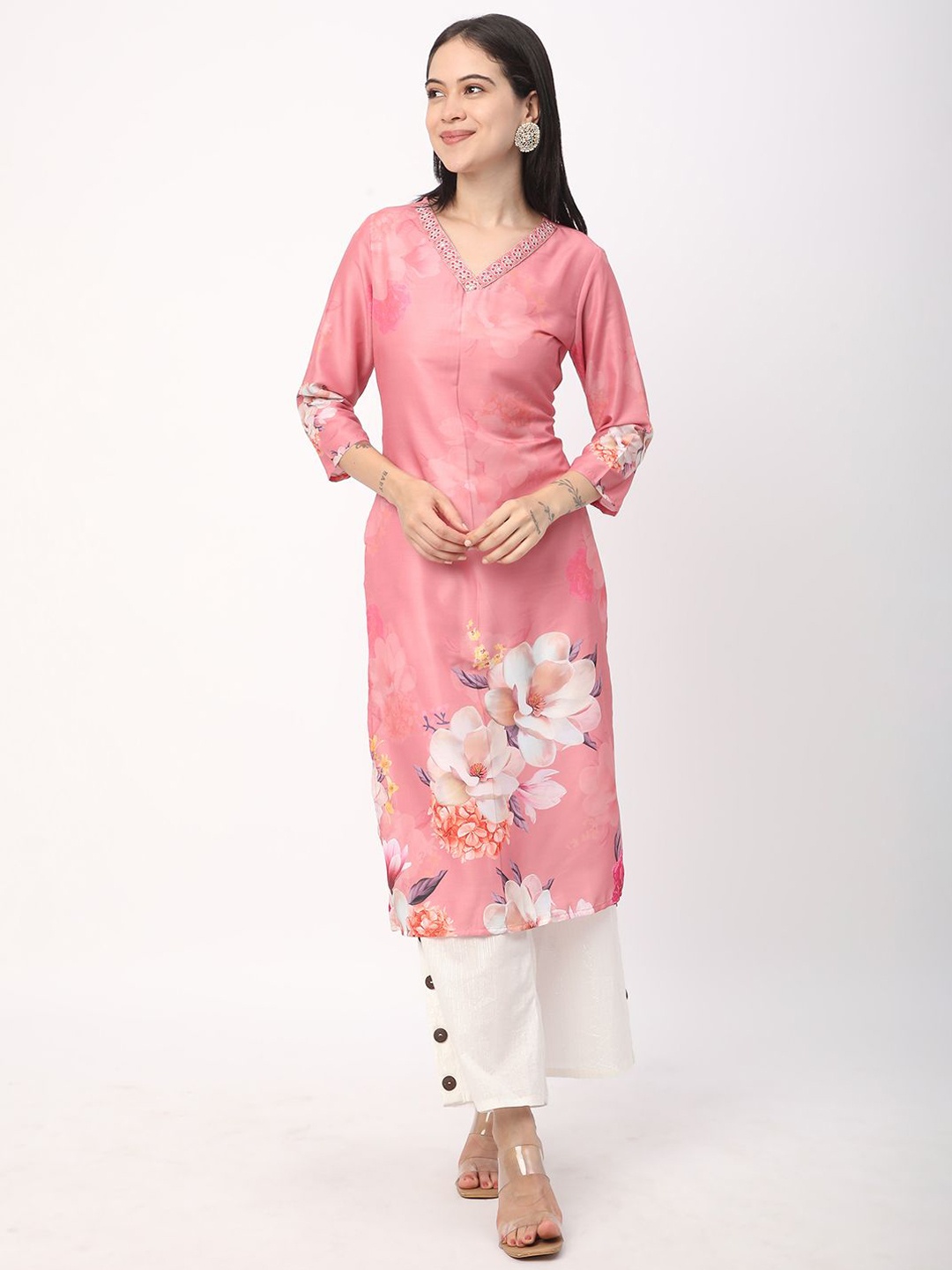 

R&B Floral Printed V-Neck Three-Quarter Sleeves Regular Thread Work Straight Kurta, Pink