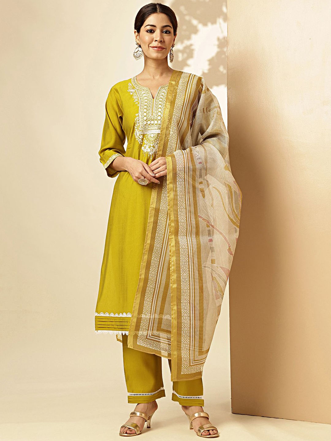 

Vbuyz Floral Embroidered Pure Cotton Straight Kurta With Trouser & Dupatta, Yellow