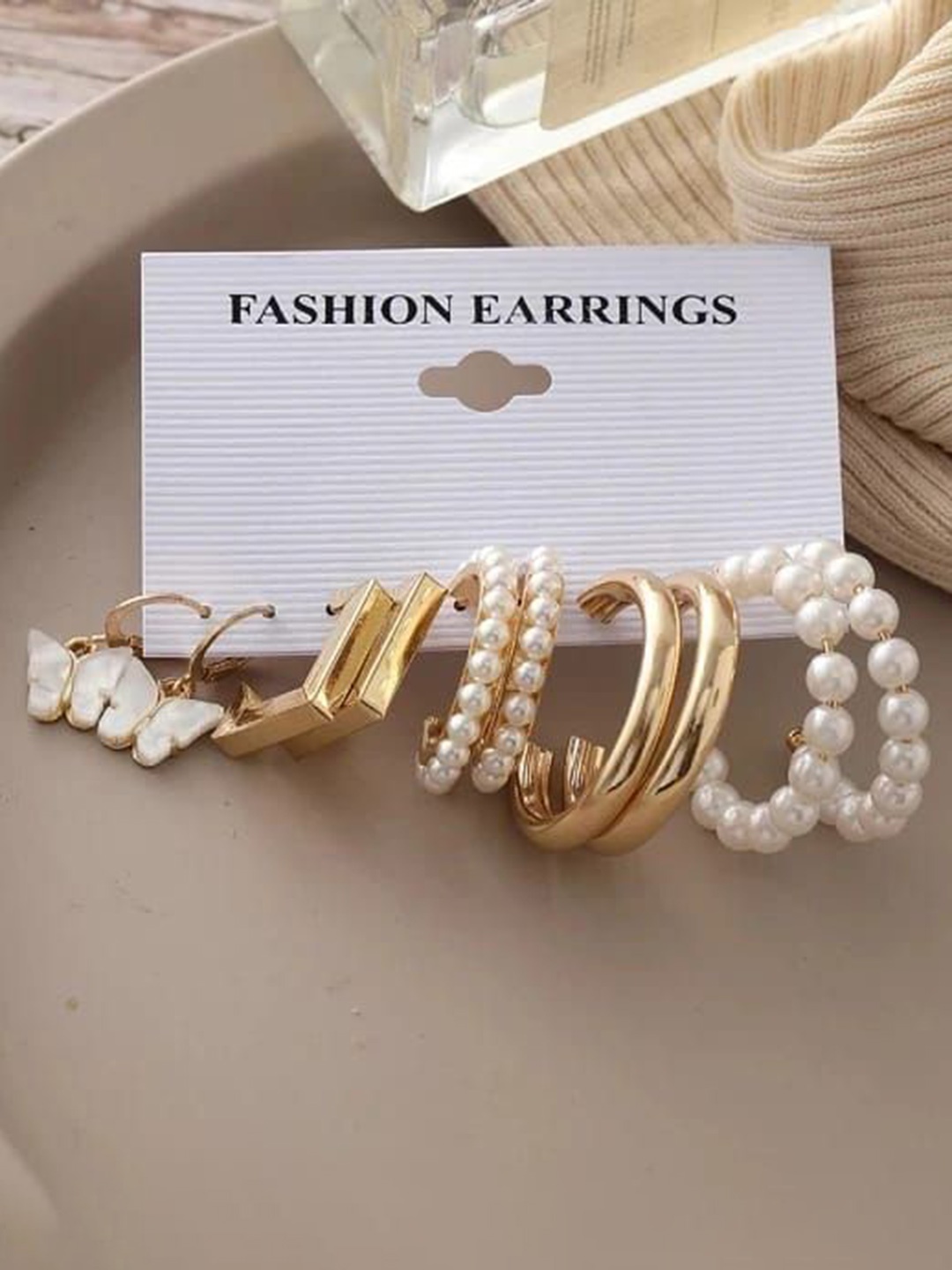 

YU FASHIONS Set Of 5 Gold-Plated Rhinestone Studded Contemporary Hoop Earrings