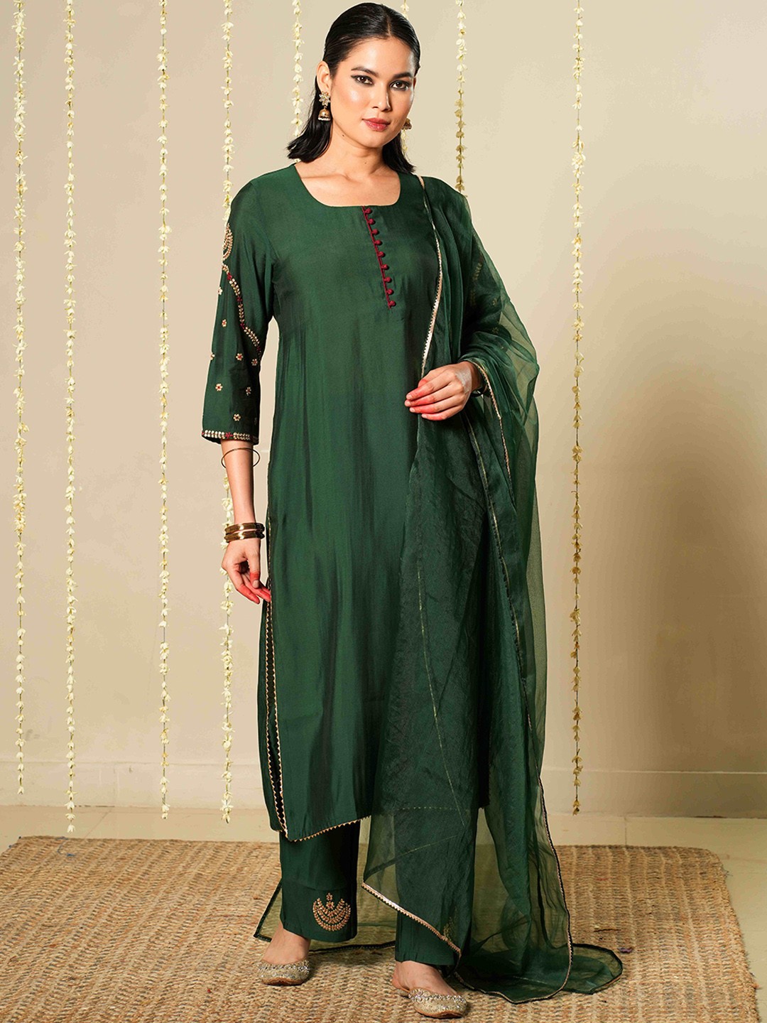 

MEESAN Zari Embroidered Straight Kurta with Trouser & Dupatta, Green