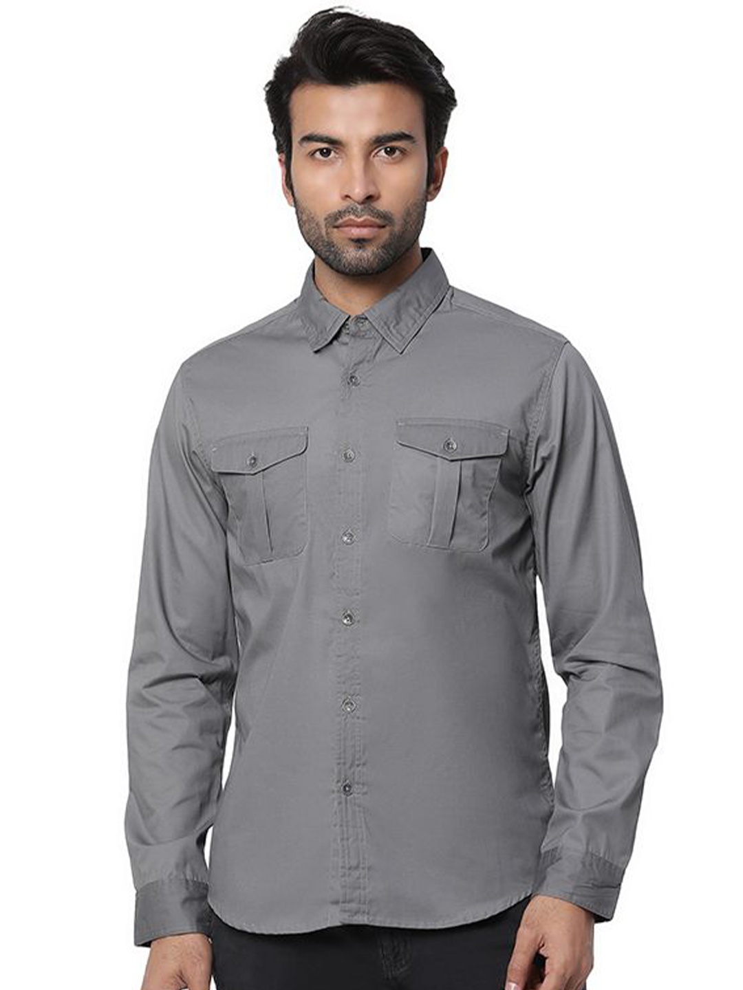 

Royal Enfield Men Spread Collar Solid Cotton Casual Shirt, Grey