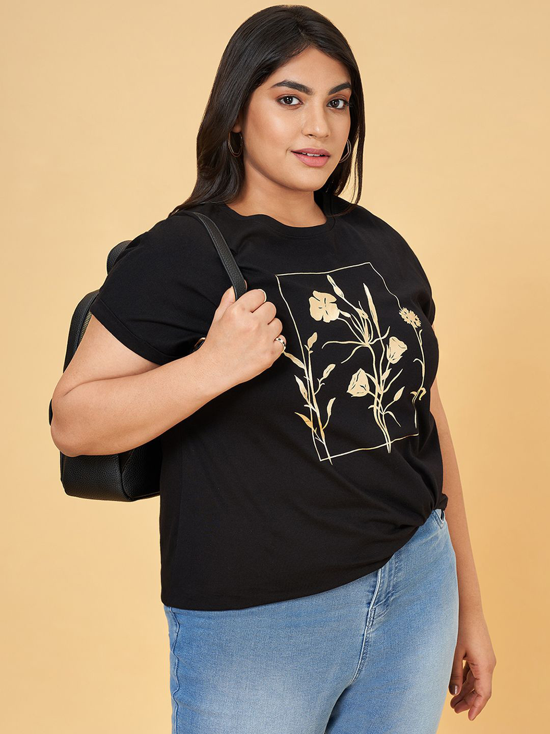 

Honey Curvytude by Pantaloons Women Plus Size Floral Print Cotton T-shirt, Black
