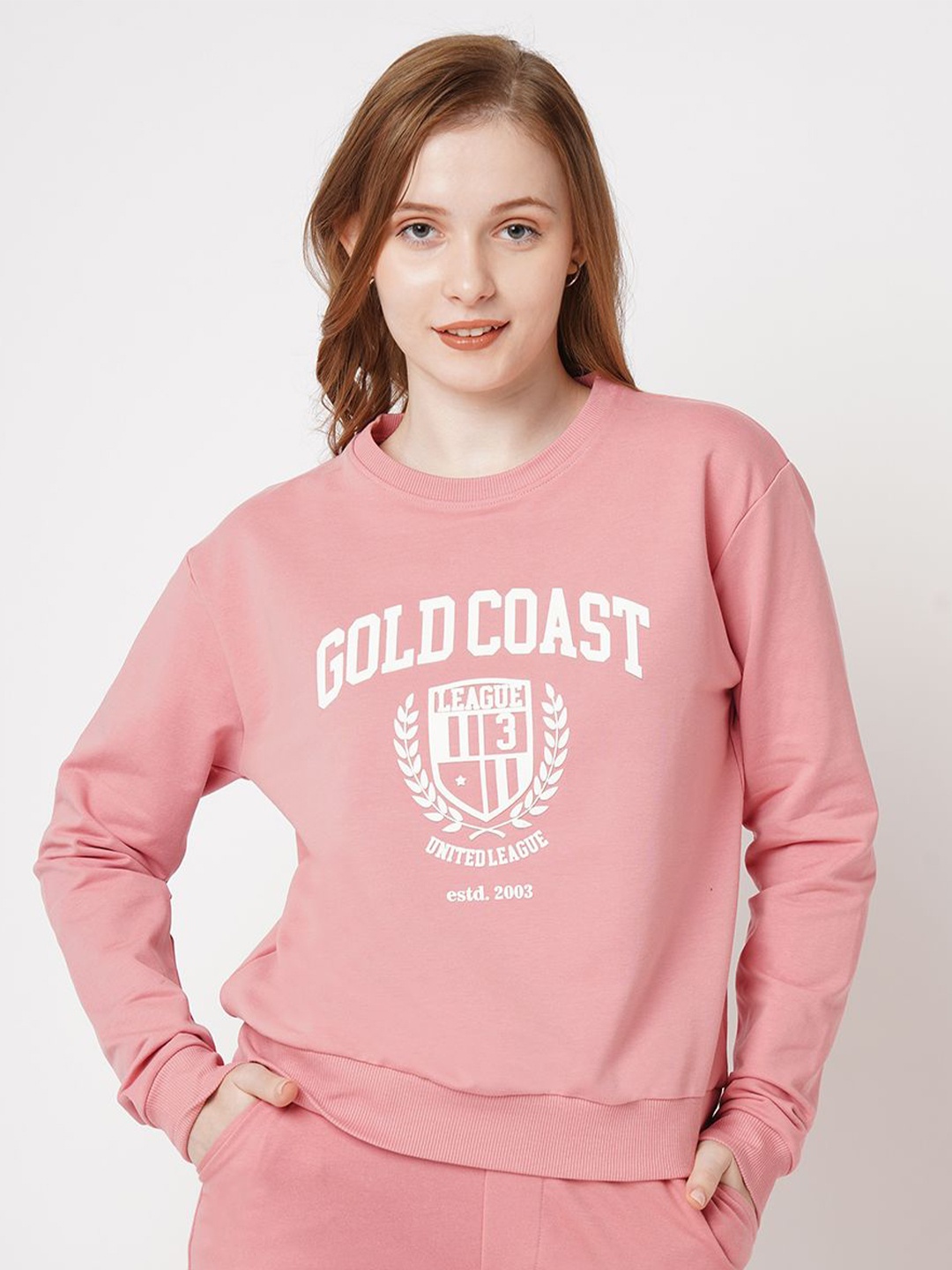 

Kraus Jeans Women Alphanumeric Printed Round Neck Sweatshirt, Pink