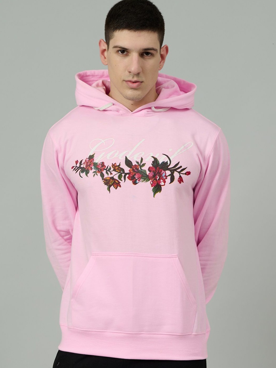 

GO DEVIL Men Floral Printed Hooded Sweatshirt, Pink