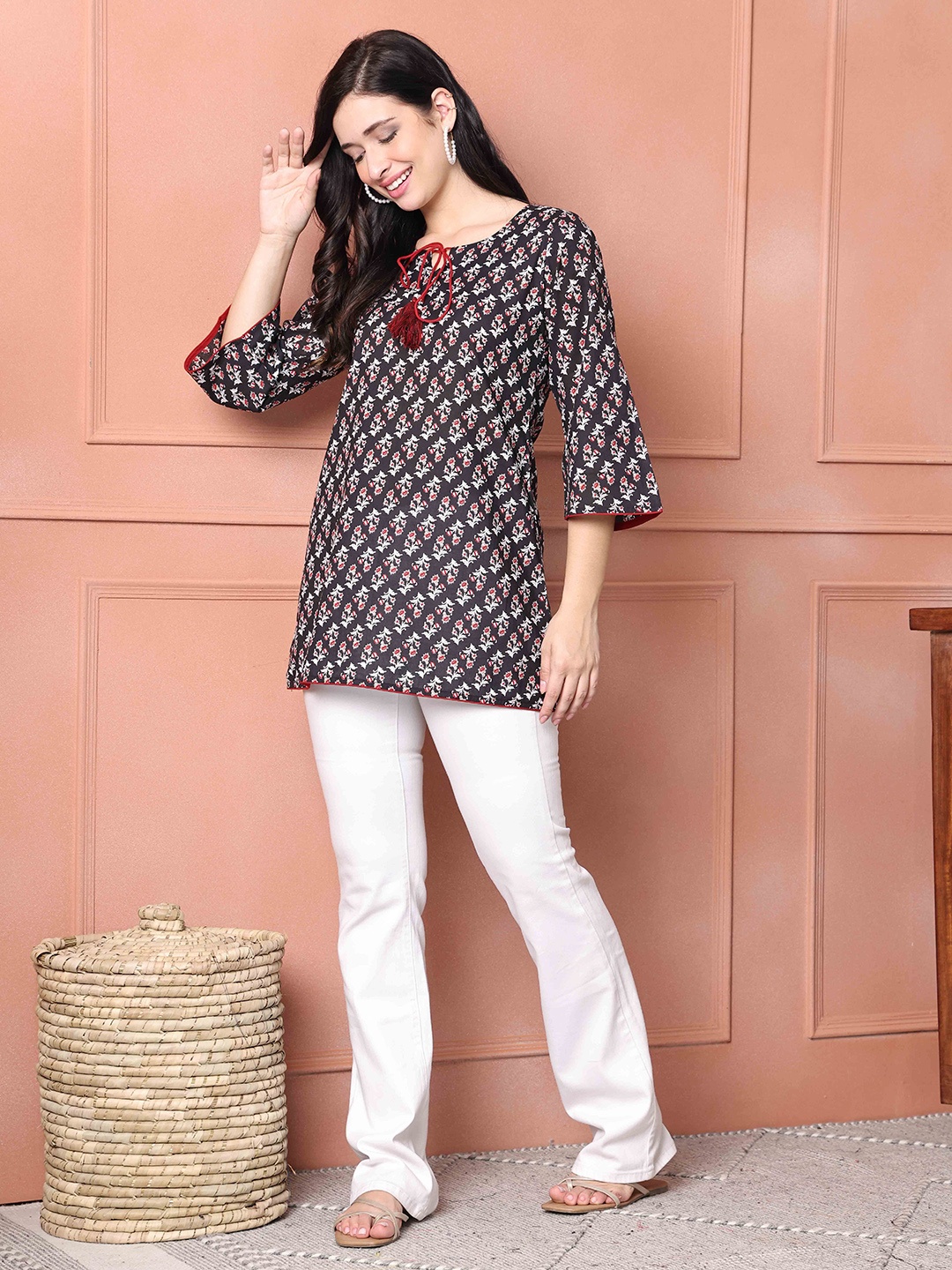 

Rajnandini Printed Cotton Ethnic Tunic, Black