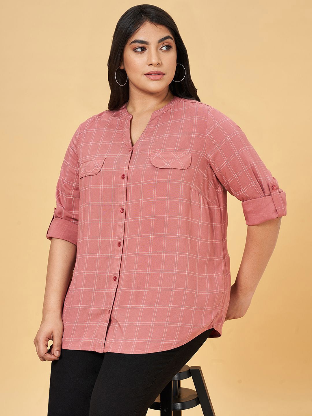 

Honey Curvytude by Pantaloons Roll-Up Sleeves Shirt Style Plus Size Top, Pink