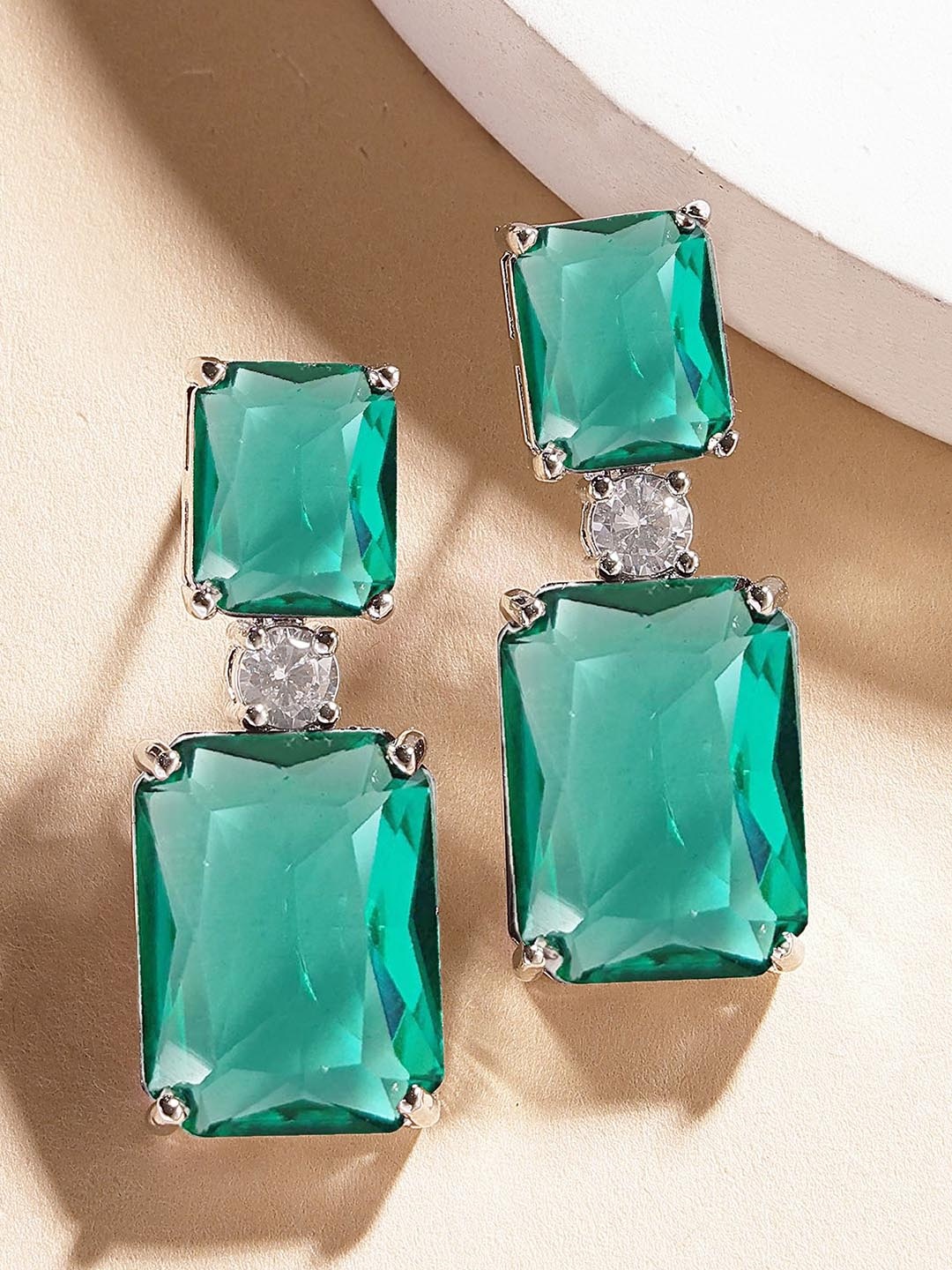 

KARATCART Silver-Plated American Diamond Studded Contemporary Drop Earrings