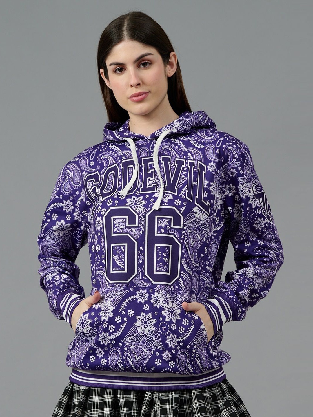 

GO DEVIL Women Printed Hooded Sweatshirt, Purple