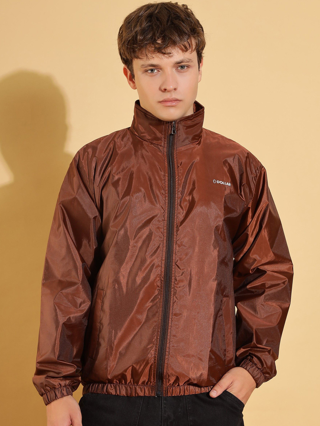 

Dollar Men Mock Collar Solid Casual Bomber Jacket, Brown