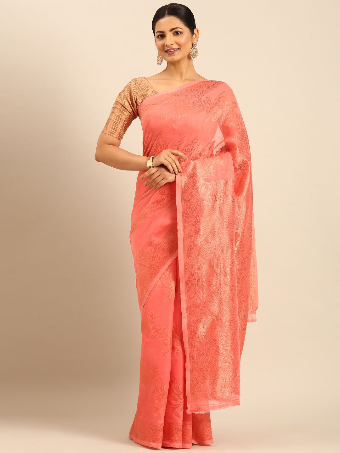 

Mitera Woven Design Zari Saree, Peach