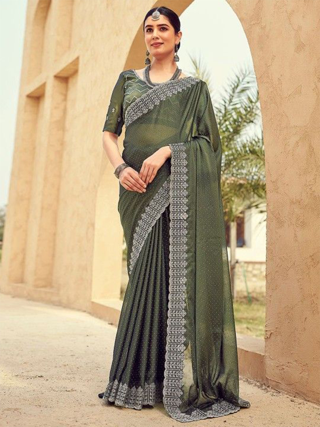 

SANJANA SILK Beads and Stones Embellished Maheshwari Sarees, Green