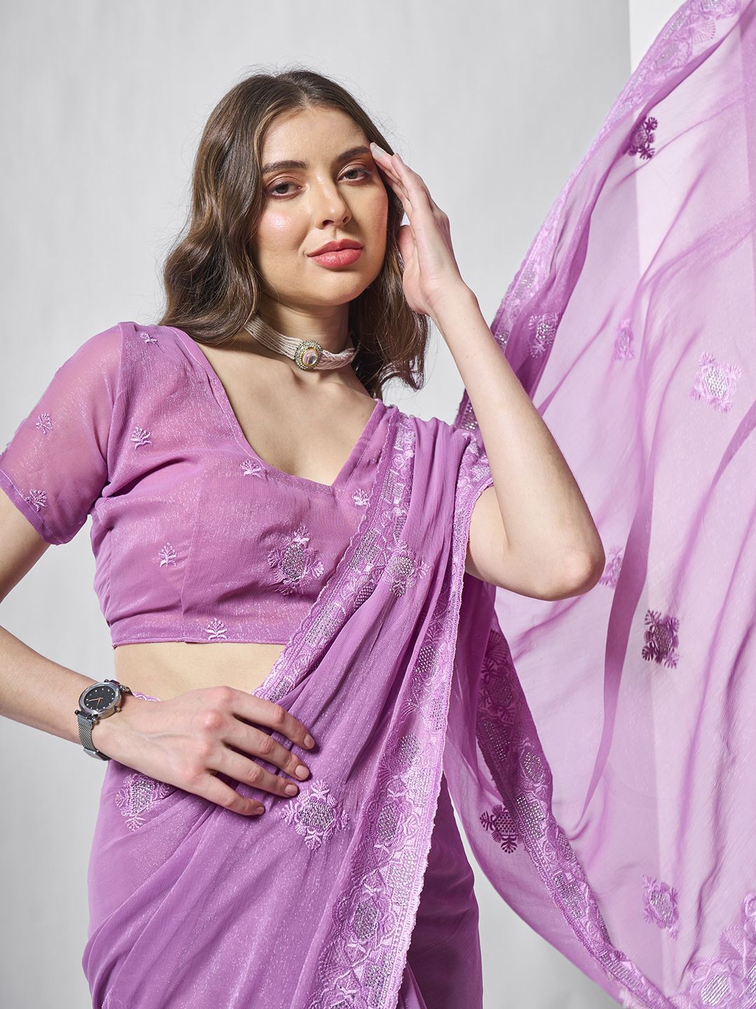 

Mitera Floral Embroidered Pure Chiffon Ready to Wear Saree, Lavender