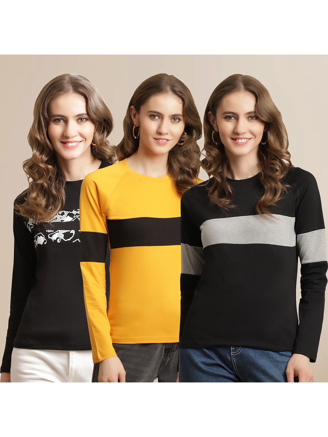 

Metronaut Women Pack Of 3 Printed Round Neck Cotton T-shirts, Black