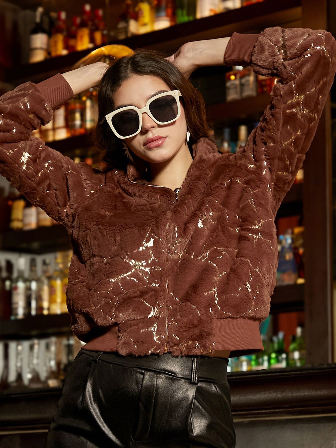 

Campus Sutra Women Hooded Self Design Casual Bomber Jacket, Brown