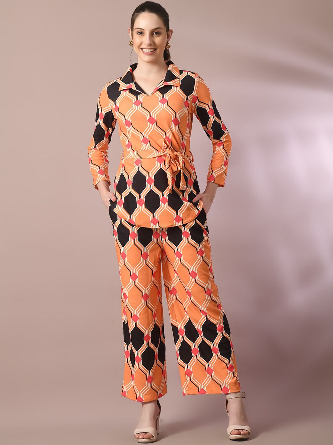 

Roadster Orange Geometric Printed Shirt Collar Three-Quarter Sleeves Top & Trouser