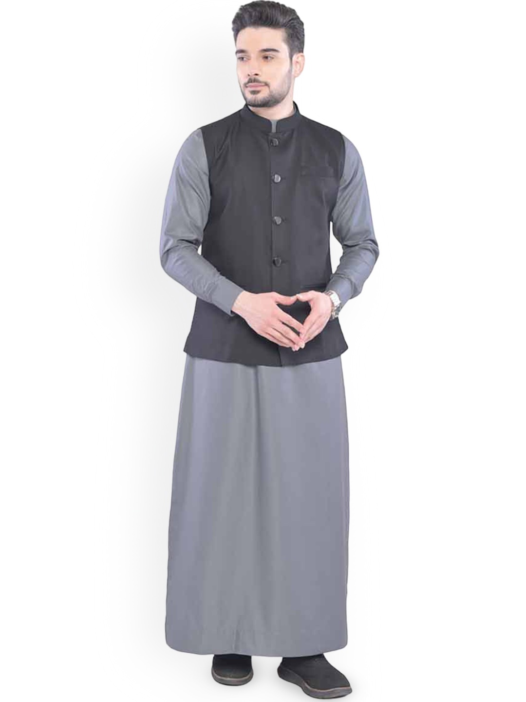 

MASHROO Mandarin Collar Thobe, Grey