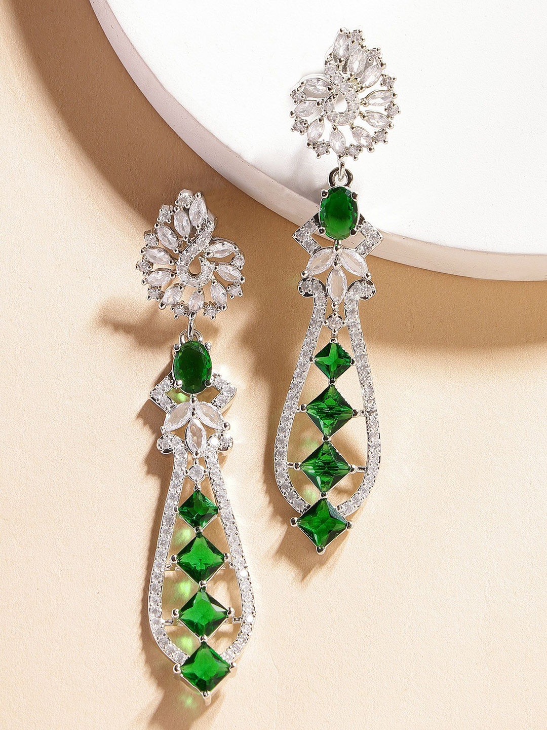 

KARATCART Silver-Plated AD Contemporary Drop Earrings, Green