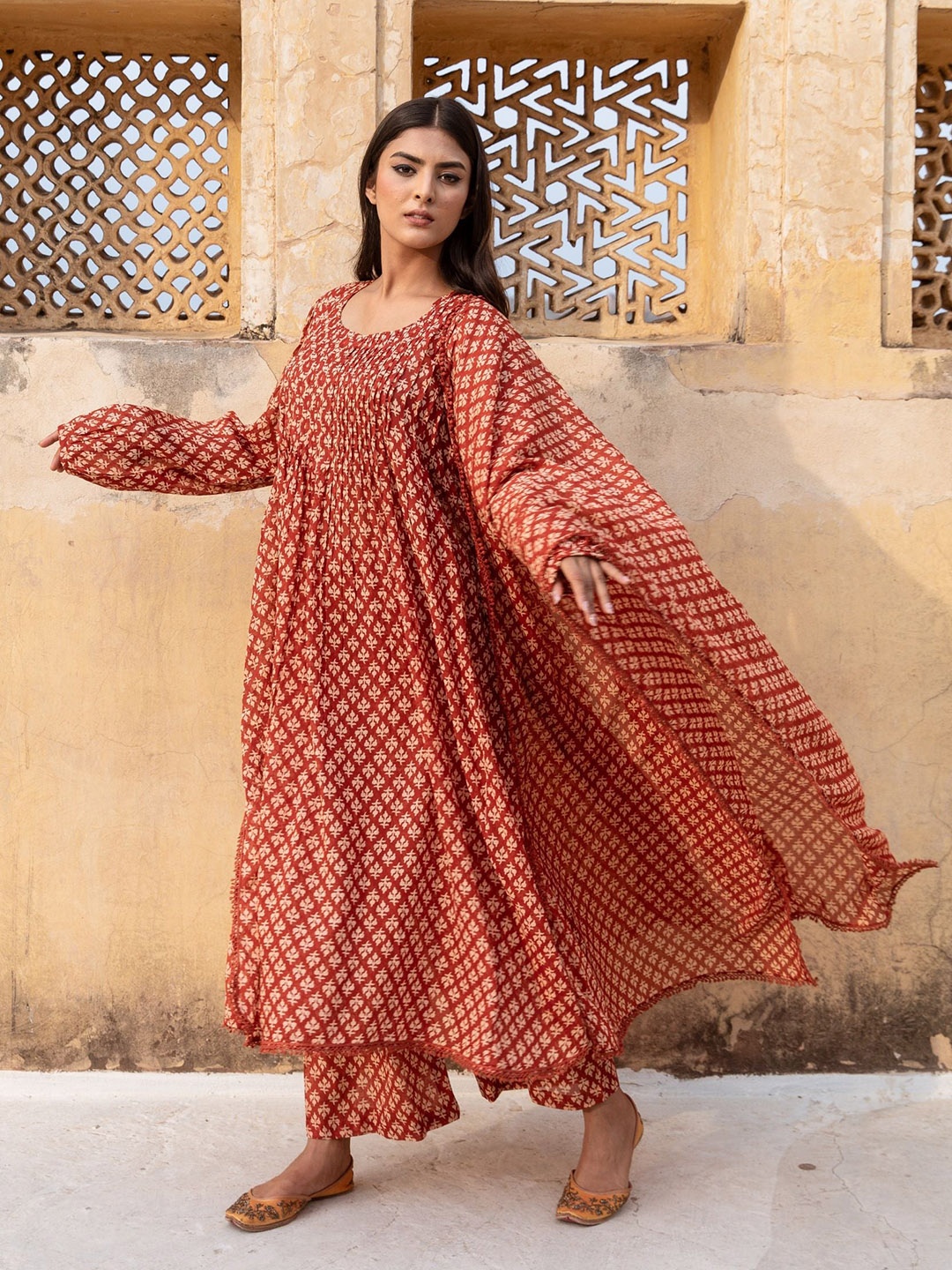 

GulaboJaipur Floral Printed Pleated A-Line Kurta with Palazzo & Dupatta, Red