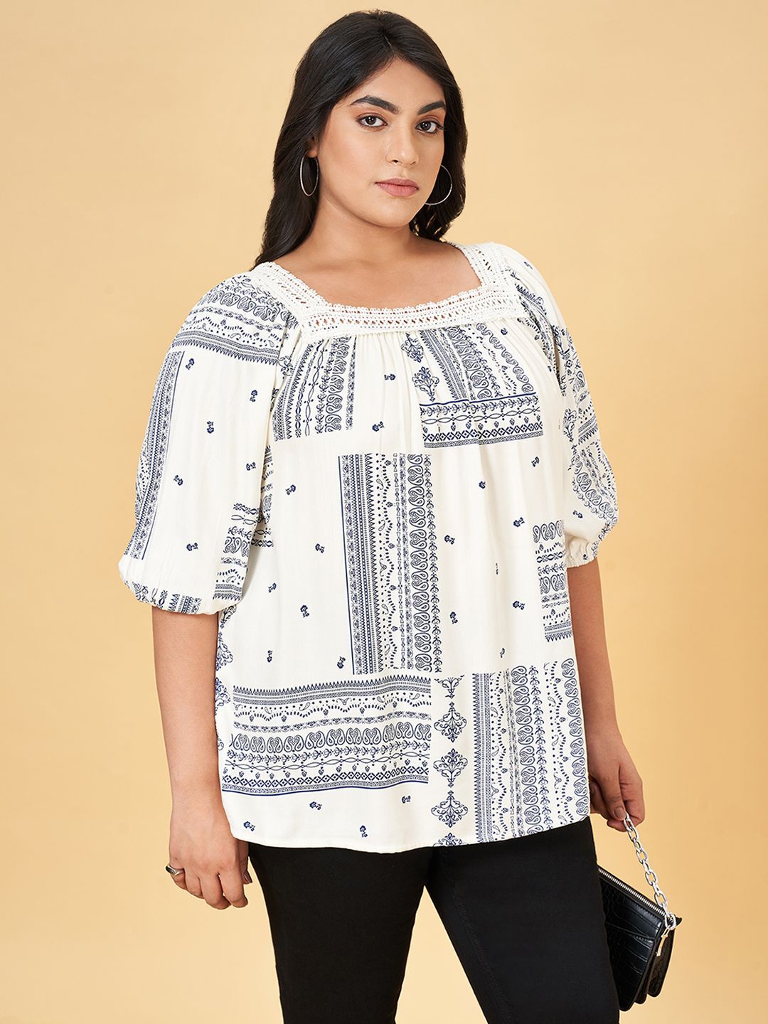 

Honey Curvytude by Pantaloons Women Plus Size Printed Square Neck Top, Off white