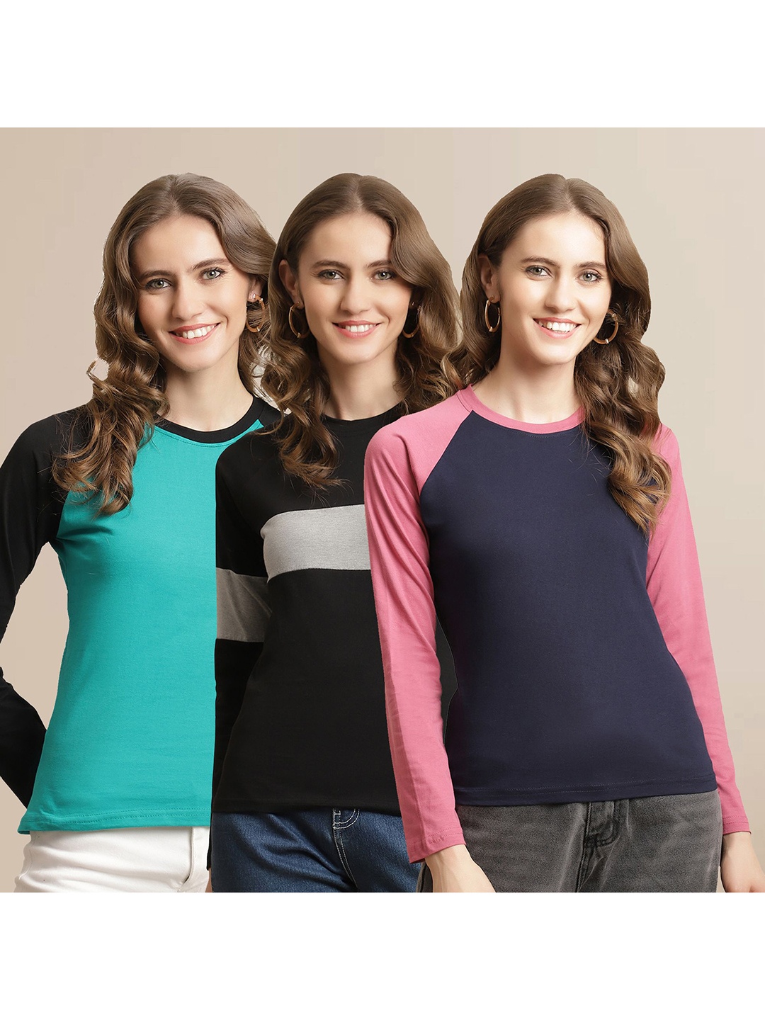 

Metronaut Women Pack Of 3 Colourblocked Round Neck Cotton T-shirts, Navy blue
