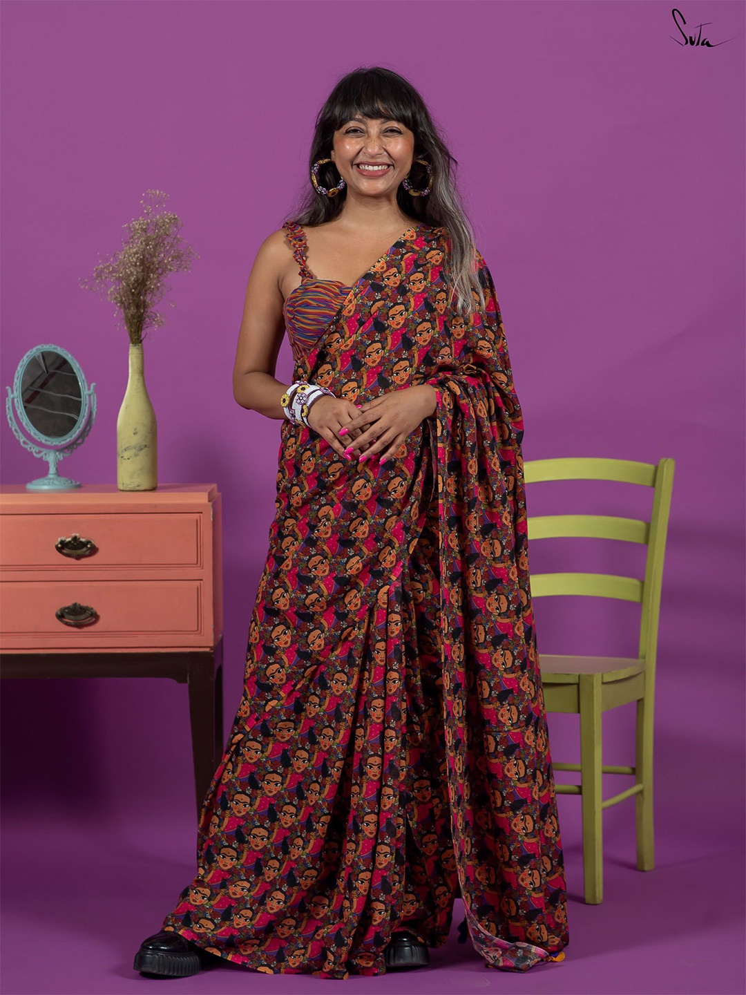 

Suta Quirky Printed Pure Cotton Saree, Red