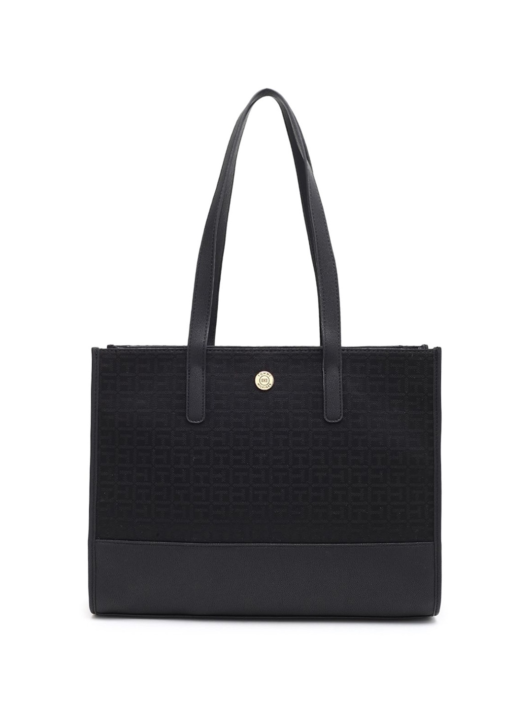 

Tommy Hilfiger Women Brand Logo Printed Shopper Leather Shoulder Bag, Black
