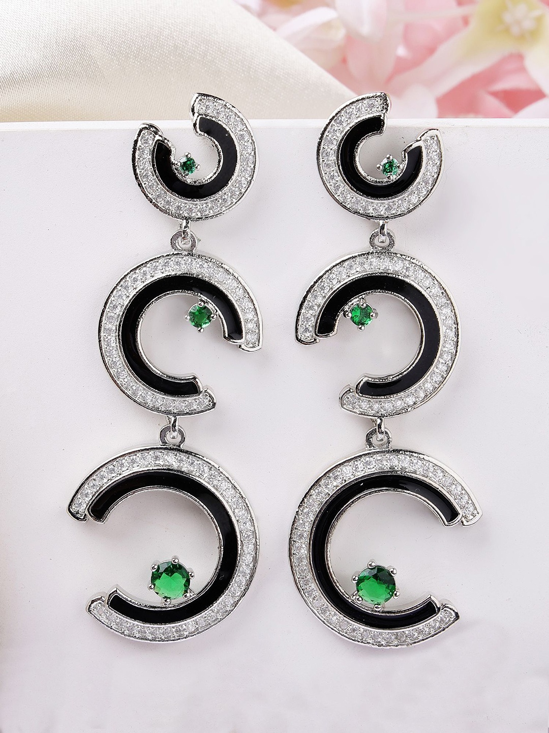 

KARATCART Silver-Plated Contemporary American Diamond Drop Earrings, Green