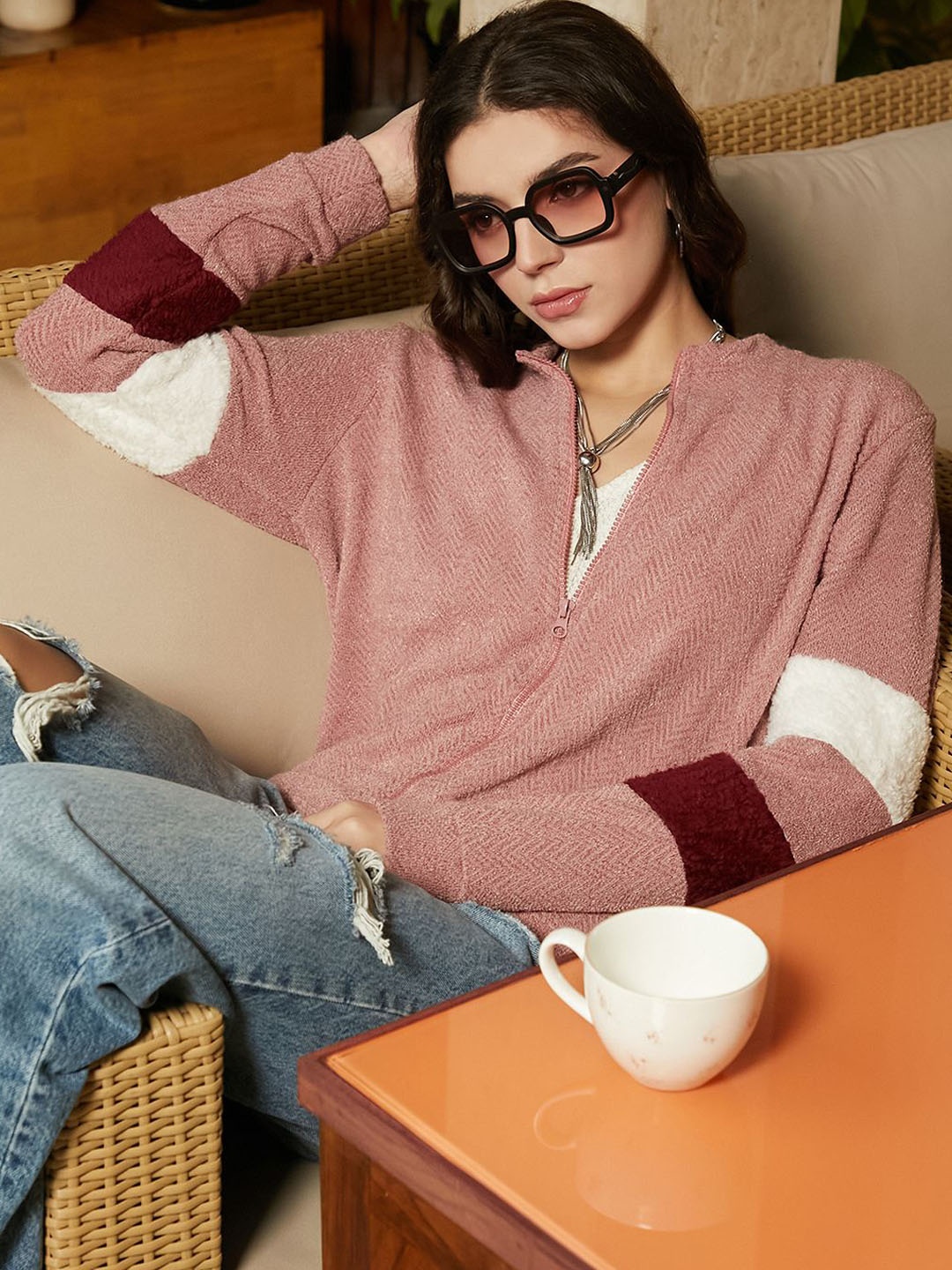 

Campus Sutra Women Mock Collar Self Design Woollen Casual Tailored Jacket, Pink