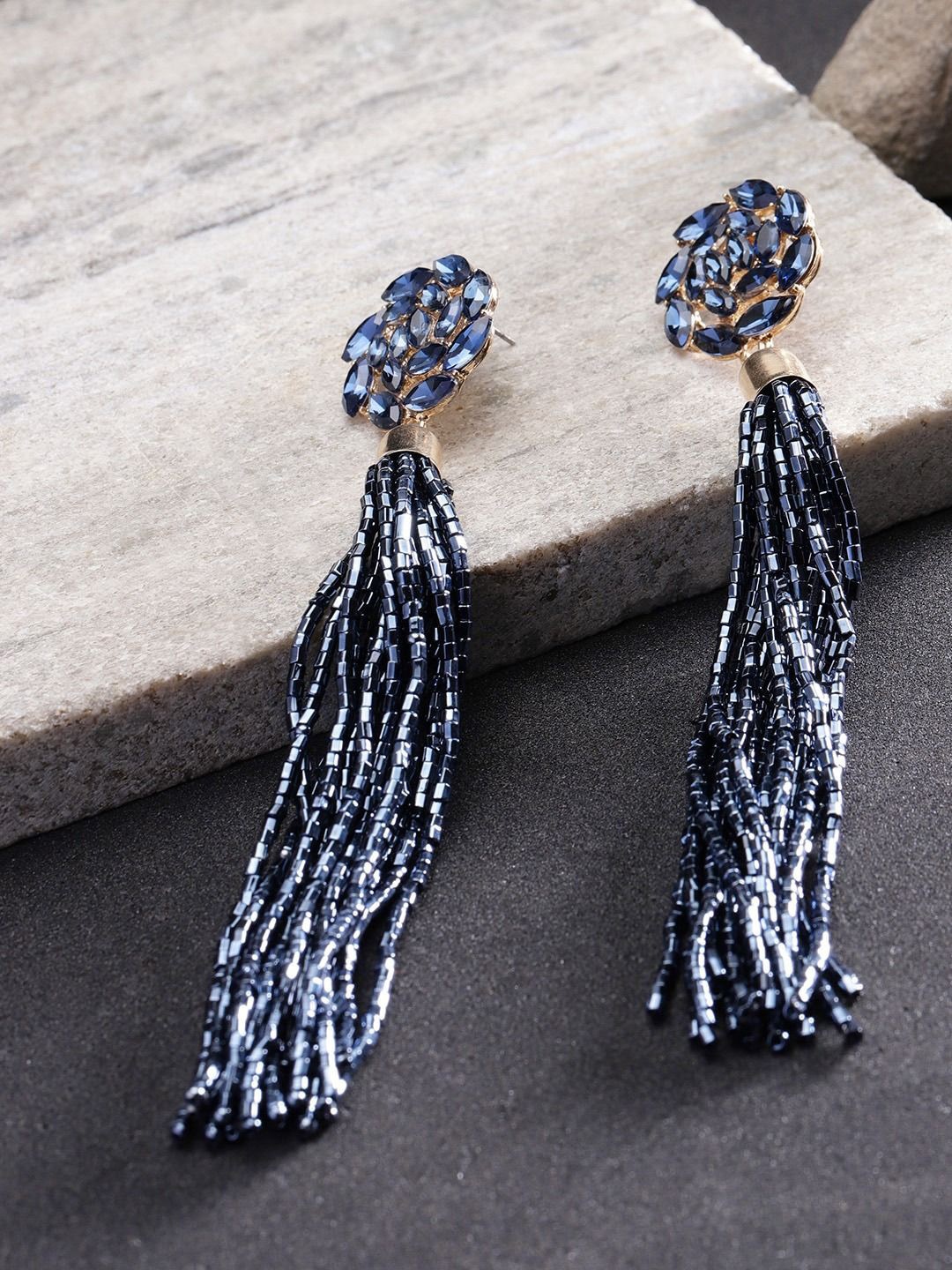 

YouBella Gold-Plated Stone Studded & Beaded Contemporary Tasselled Drop Earrings