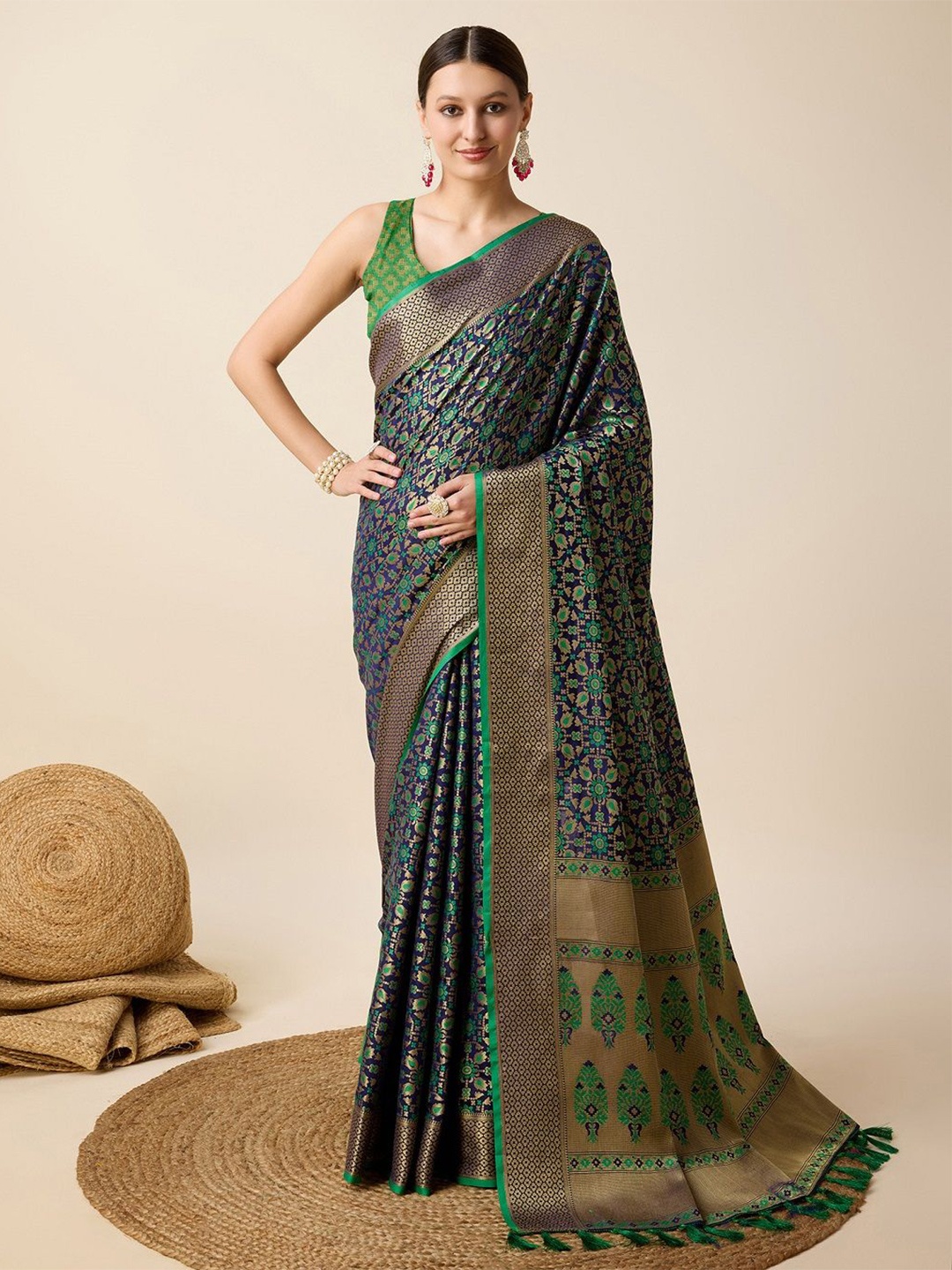 

Suha Embellished Zari Pure Silk Patola Saree, Navy blue