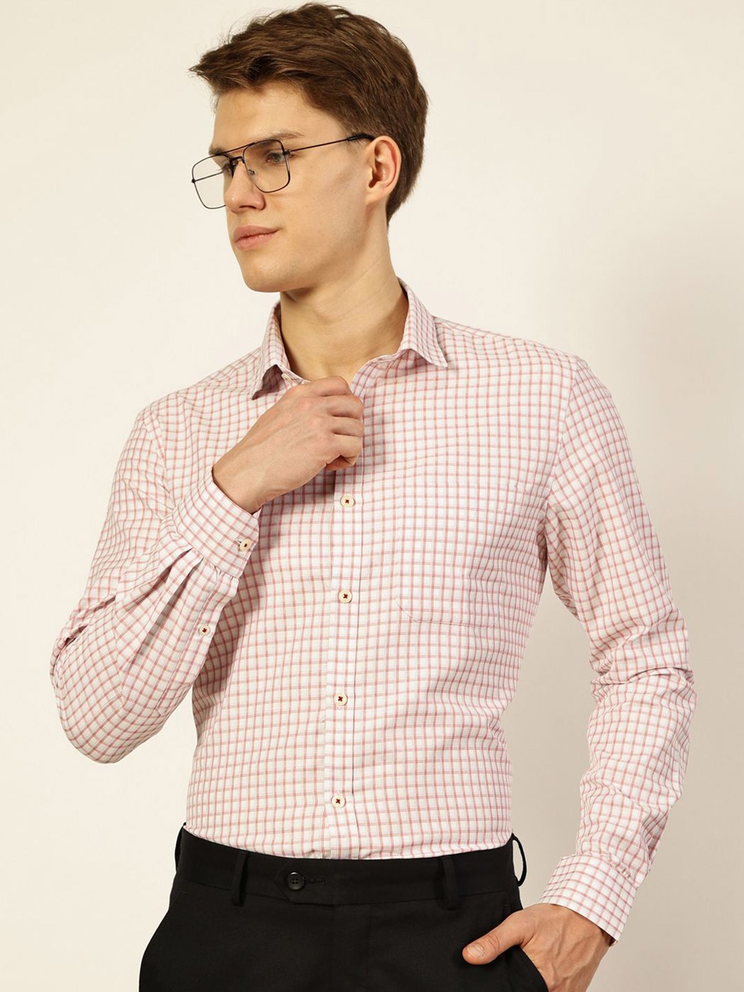 

Thomas Scott Men Smart Spread Collar Gingham Checked Cotton Formal Shirt, Pink