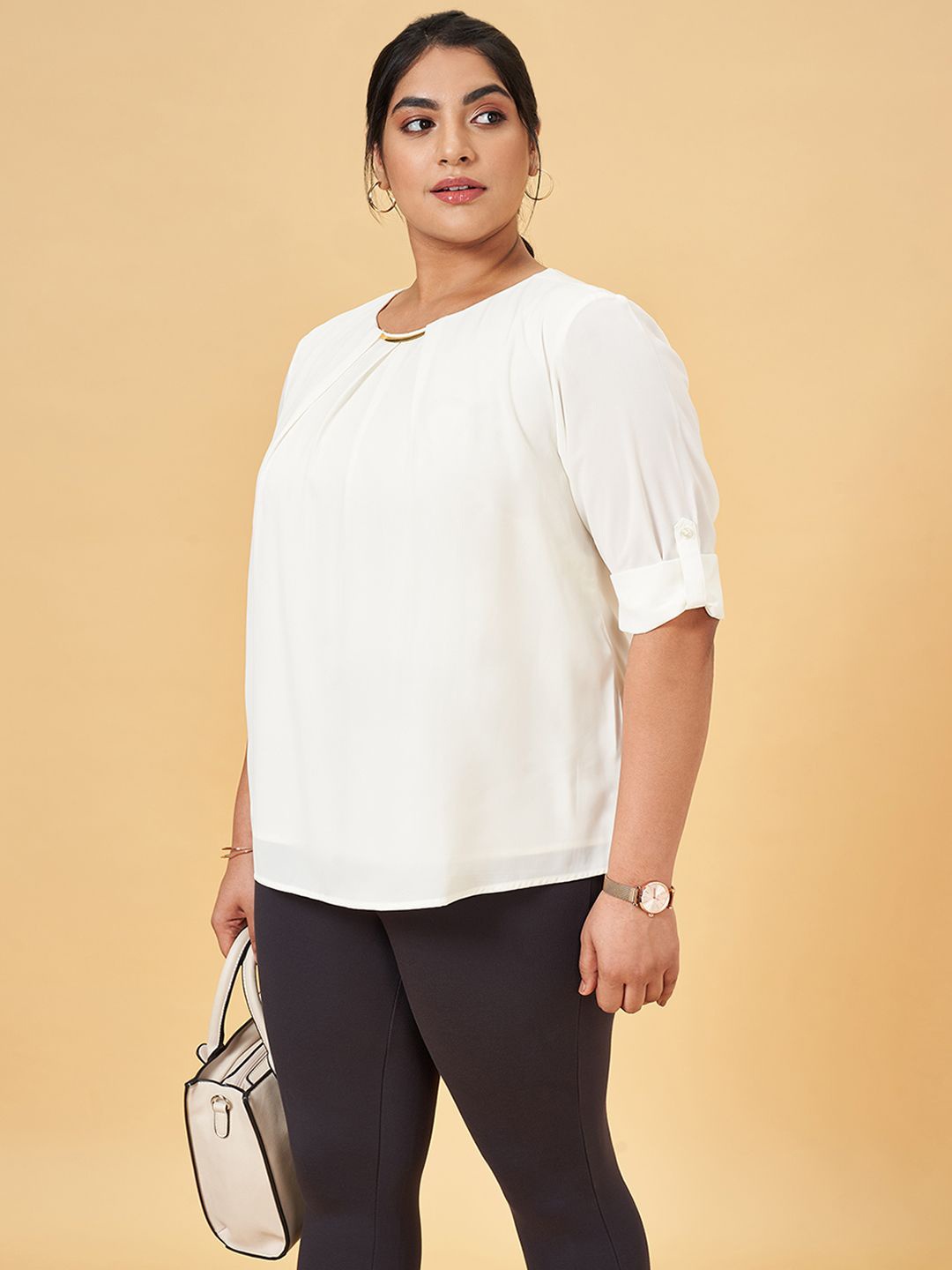 

Honey Curvytude by Pantaloons Women Round Neck Casual Top, Off white