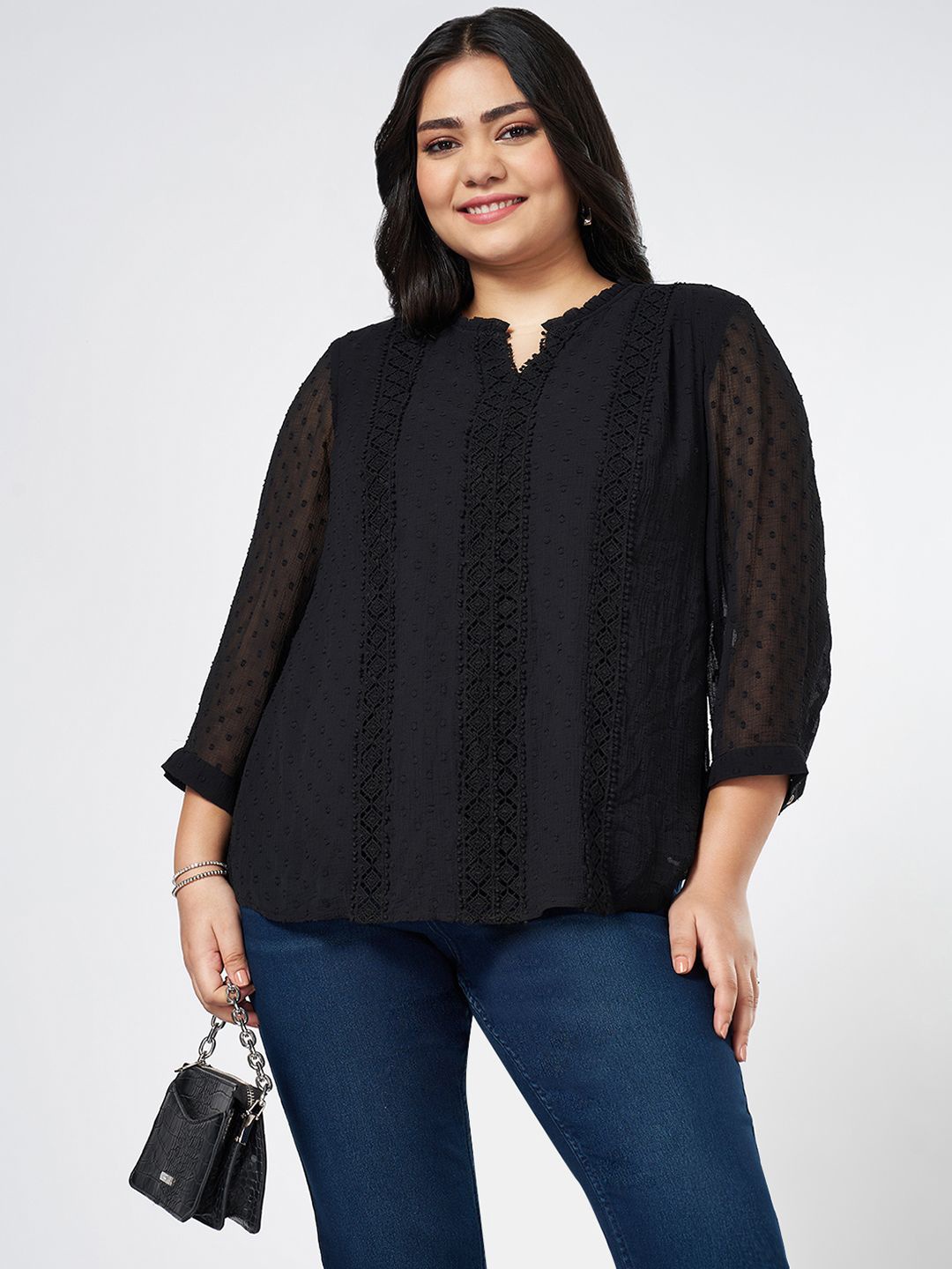 

Honey Curvytude by Pantaloons Women Plus Size Embroidered Three-Quarter Sleeves Tops, Black