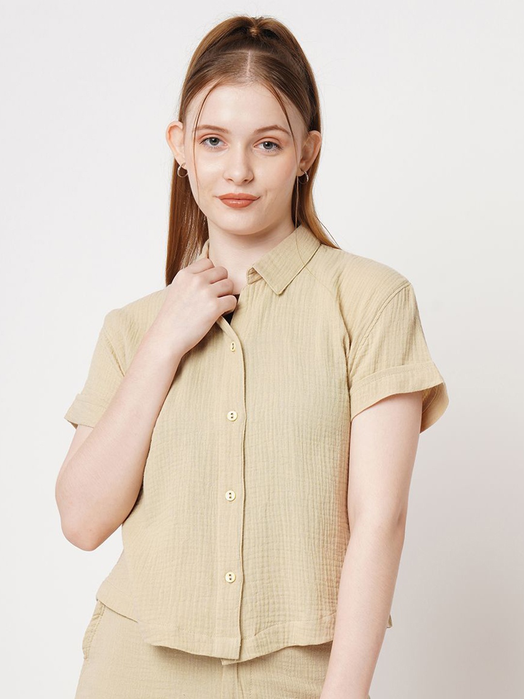

Kraus Jeans Women Spread Collar Solid Cotton Slim Fit Casual Shirt, Beige