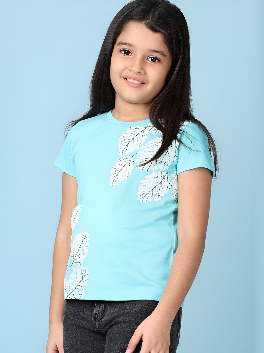 

V-Mart Girls Graphic Printed Round Neck Cotton T-shirt, Turquoise blue
