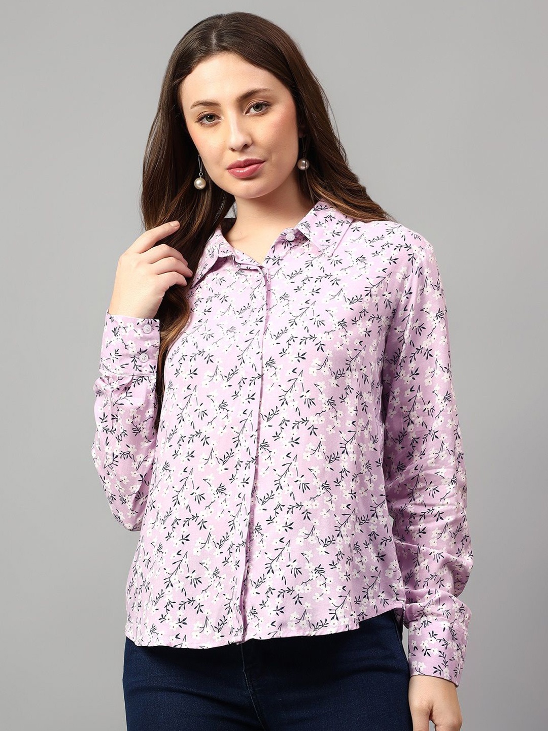 

NKSA FASHION Women Spread Collar Floral Printed Casual Shirt, Purple