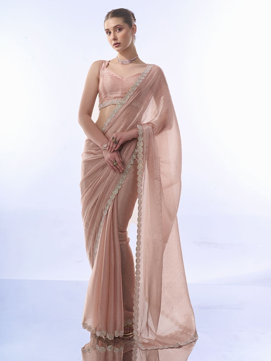 

Mitera Embellished Beads and Stones Organza Ready to Wear Saree, Peach