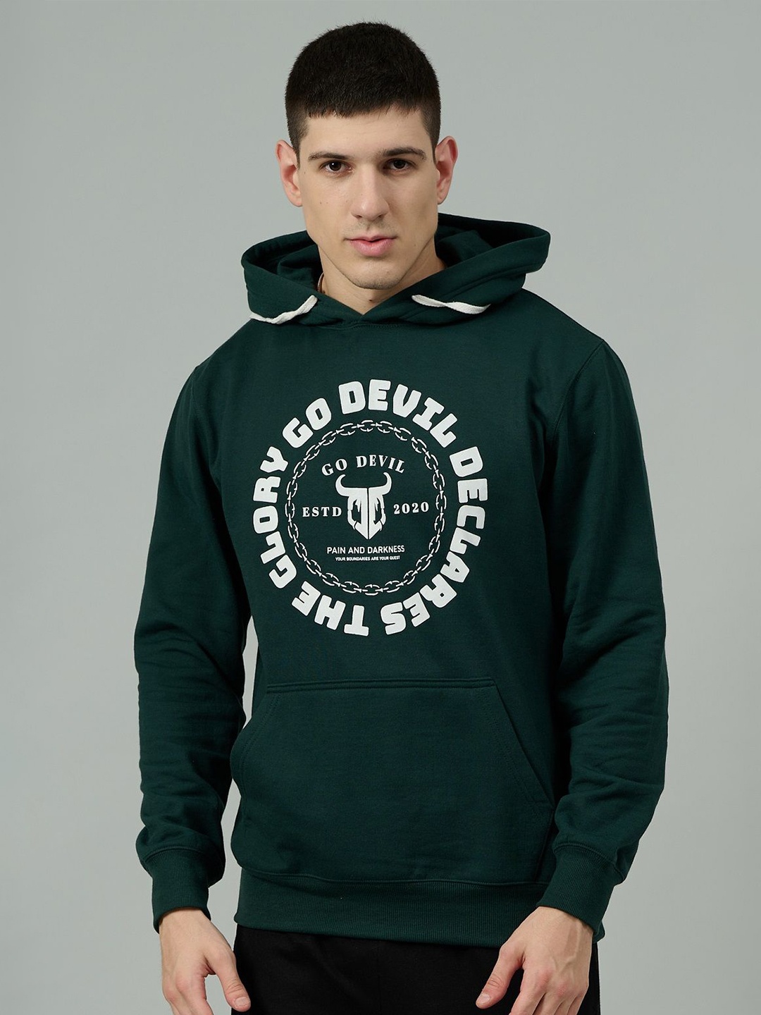

GO DEVIL Men Brand Logo Printed Hooded Sweatshirt, Teal
