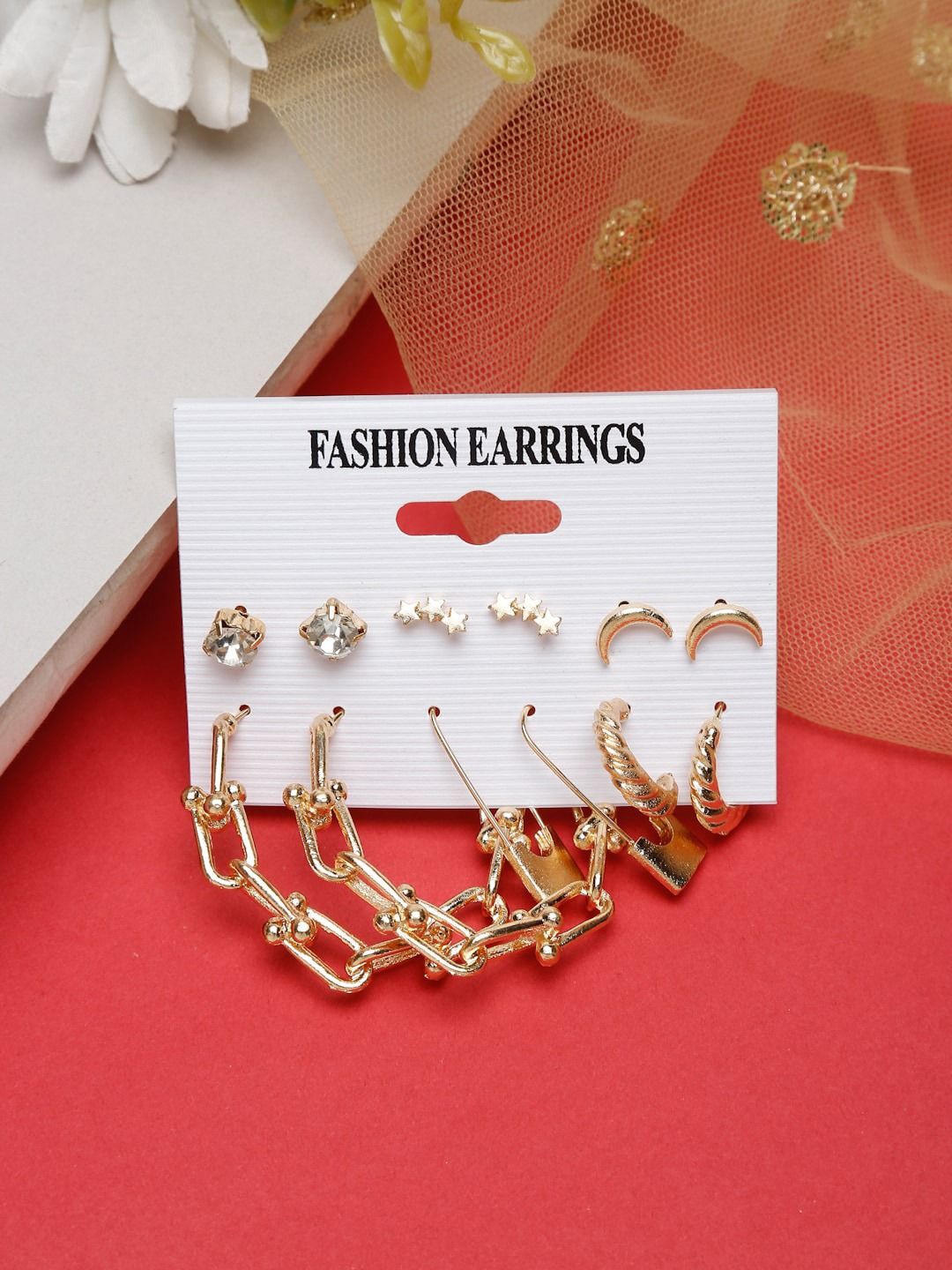 

YouBella Pack Of 12 Gold Plated Artificial Stones Studded Contemporary Studs Earrings