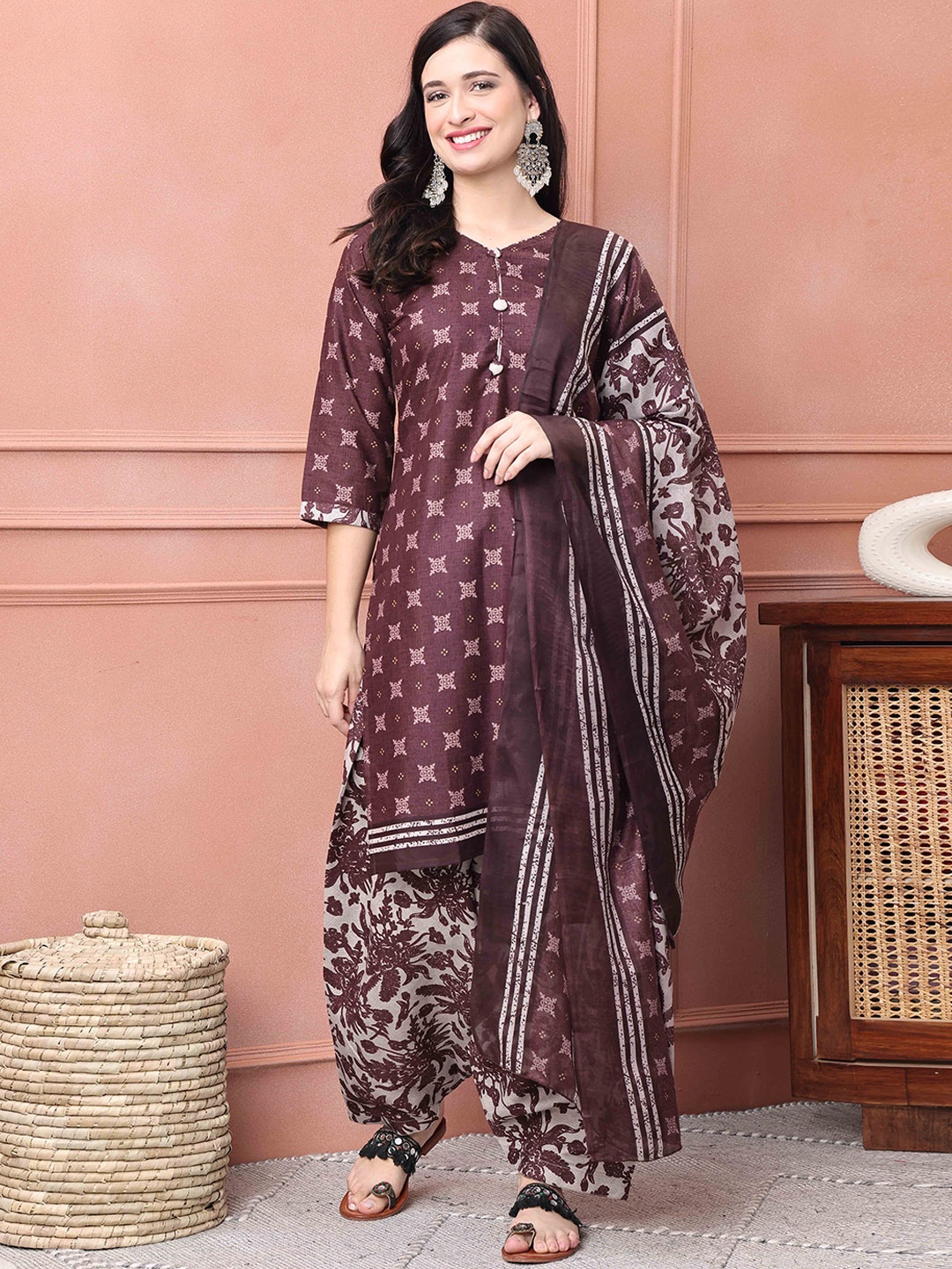 

Roly Poly Floral Printed Kurta with Salwar & Dupatta, Brown