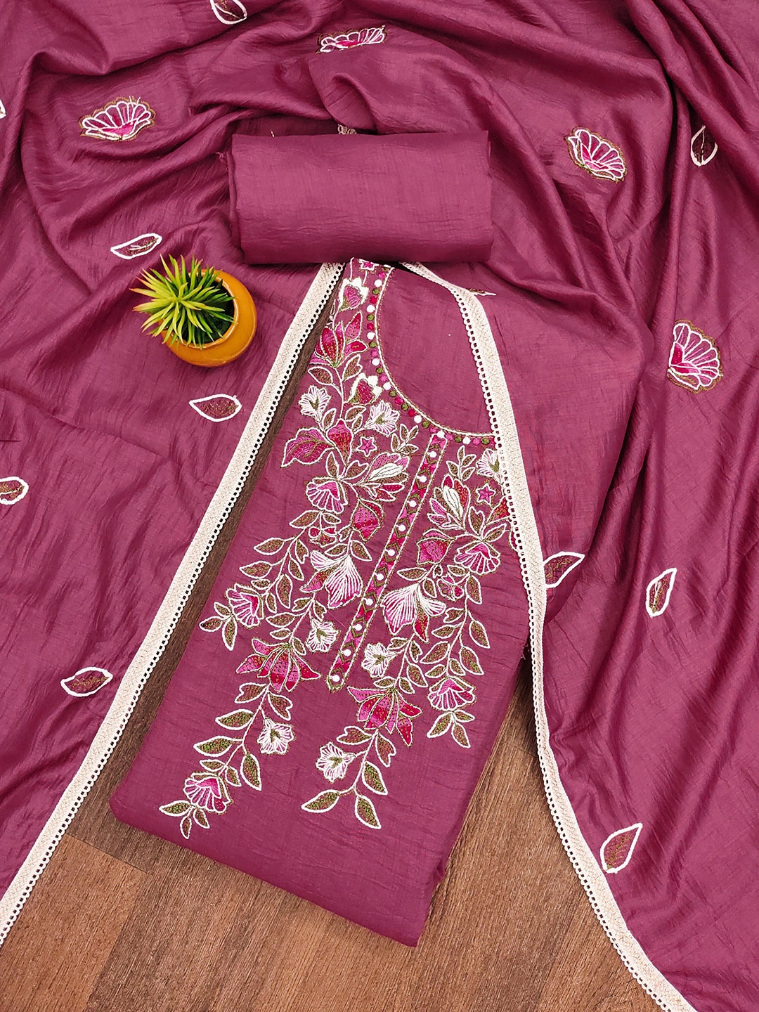 

KALINI Ethnic Motifs Embroidered Zari Pure Cotton Unstitched Dress Material, Pink