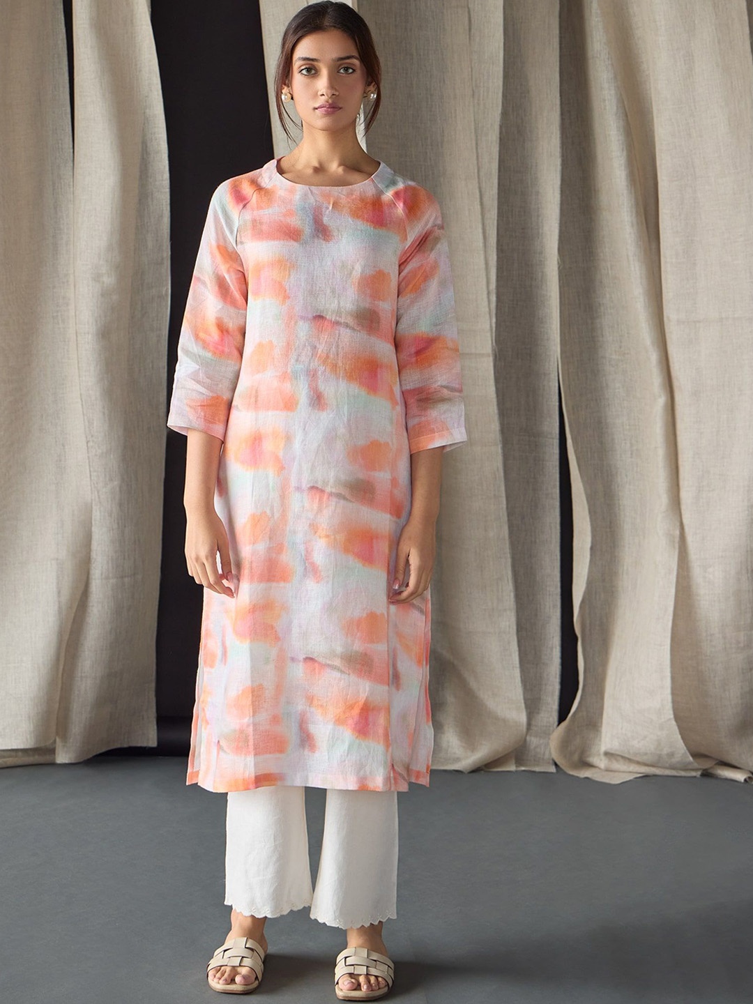 

Bombay Bloom Abstract Printed Regular Pure Hemp Straight Kurta, Orange