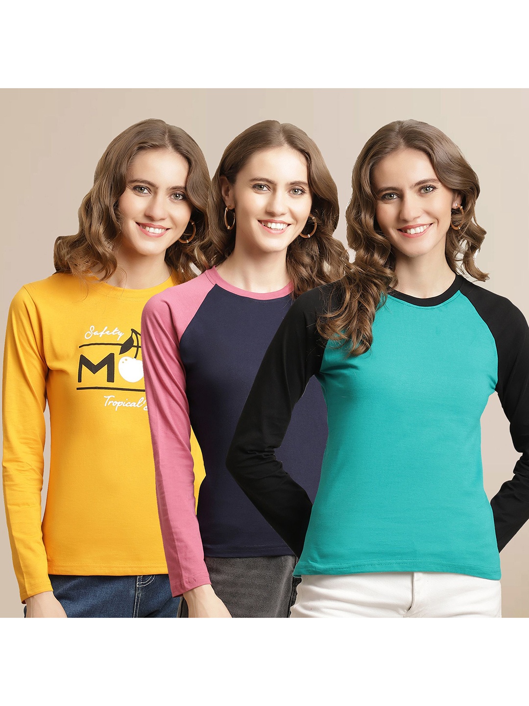 

Metronaut Women Pack Of 3 Colourblocked Round Neck Cotton T-shirts, Yellow