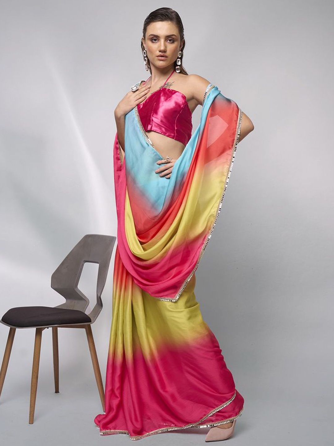 

Kalista Embellished Mirror Work Satin Ready to Wear Saree, Pink