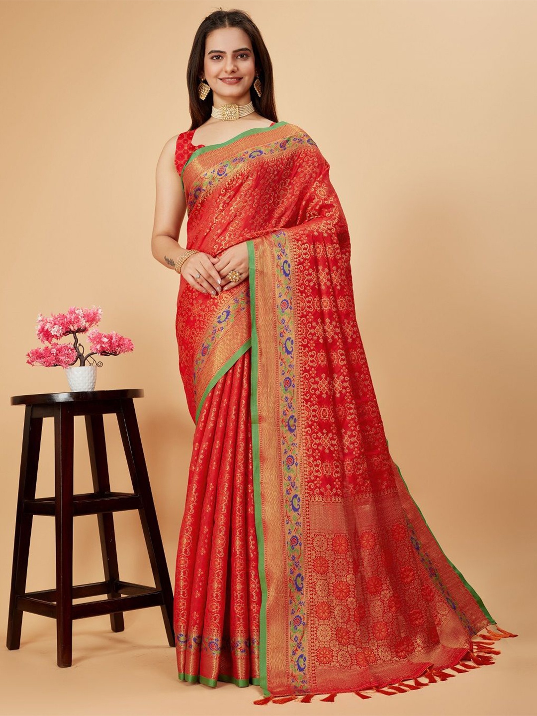 

Suha Embellished Zari Pure Silk Patola Saree, Red