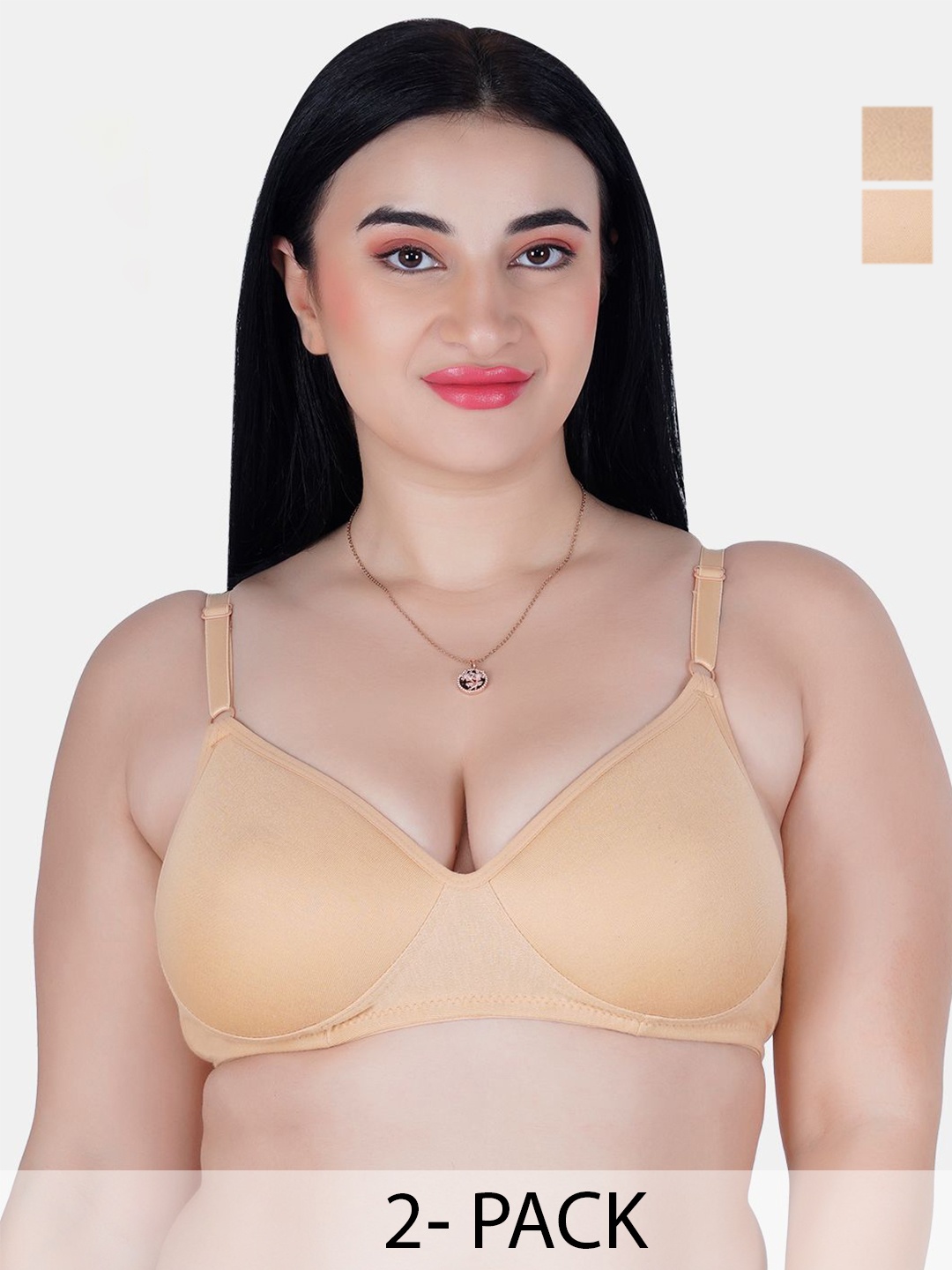 

KOMLI Women Pack of 2 Cotton Plus Size Lightly Padded Medium Coverage T-shirt Bra, Beige