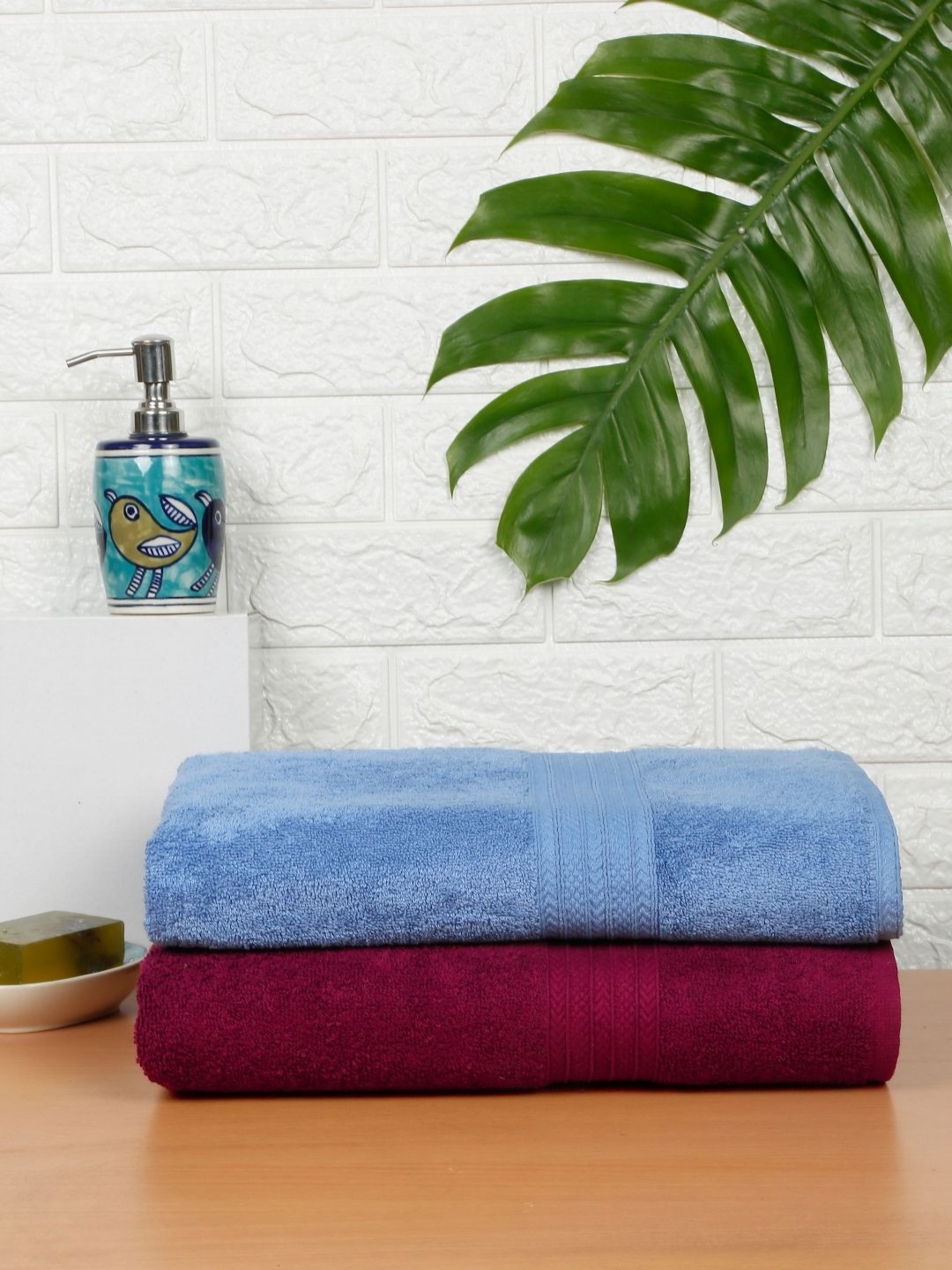 

Creeva Maroon & Blue 2 Pieces Striped Cotton 550 GSM Bath Towels