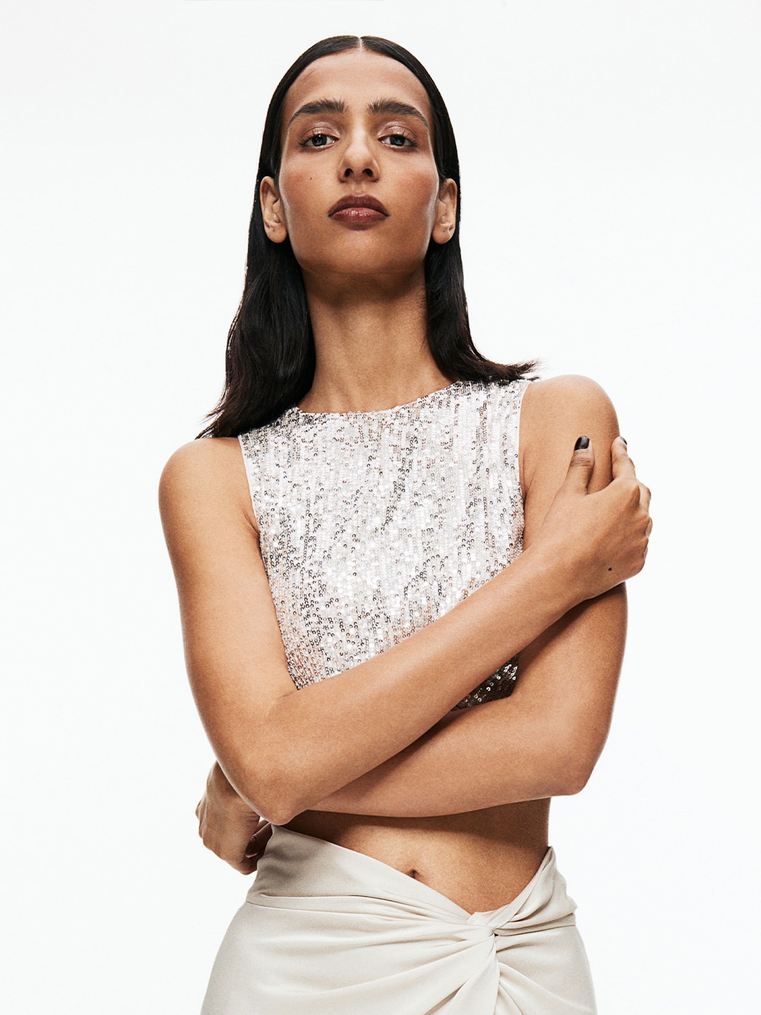 

H&M Cropped Sequined Top, Silver