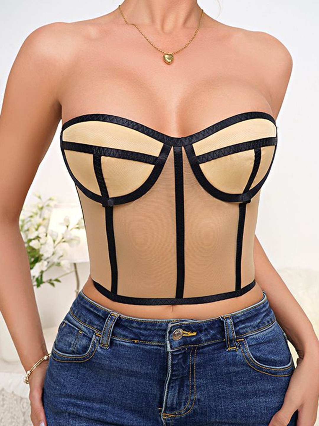 

StyleCast Striped Off-Shoulder Corset Crop Top, Beige
