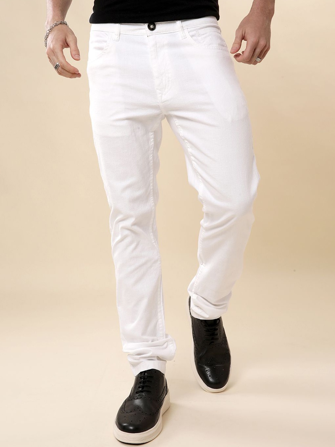 

WROGN Men Cotton Mid-Rise Solid Trousers, White